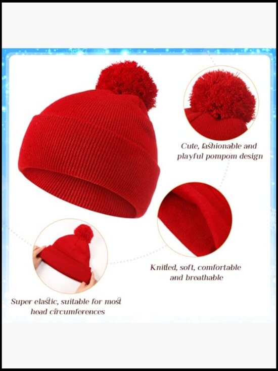 6 Pack Winter Knitted Beanies with Faux Fur Pom - Soft Acrylic Stretch Fit for main image 5